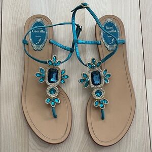 Rene Caovilla Venezia Turquoise Jewel Flat Sandals with jute